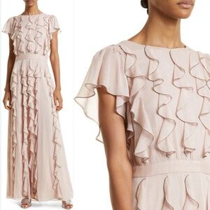 Ted Baker Hazzie Ruffle Gown Maxi Dress Metal Ball Trim Dusky Pink